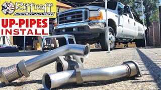 2001 F350 73  RiffRaff UpPipes Install  Stock up pipes leaking and falling apart JUNK SP [upl. by Sira420]